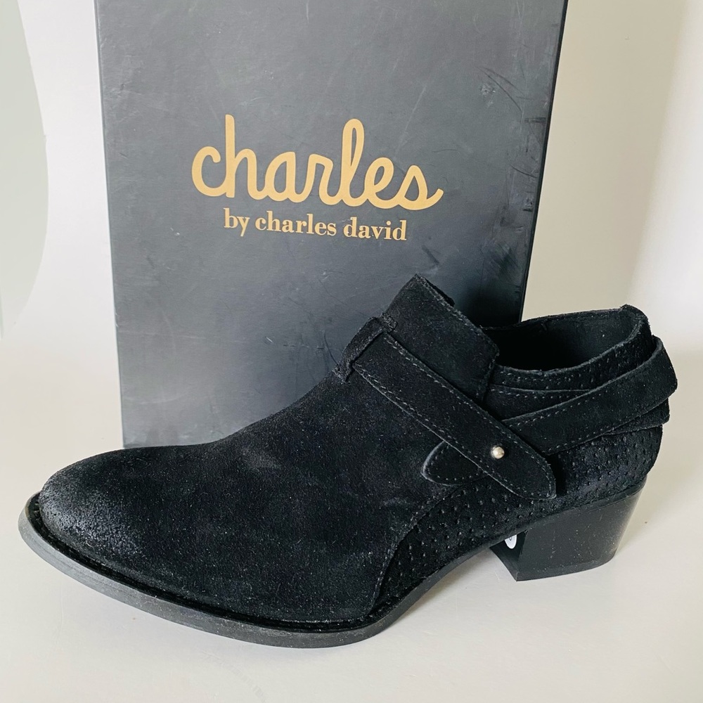 YESENIA, Charles David leather strappy ankle boots ($109 tag)